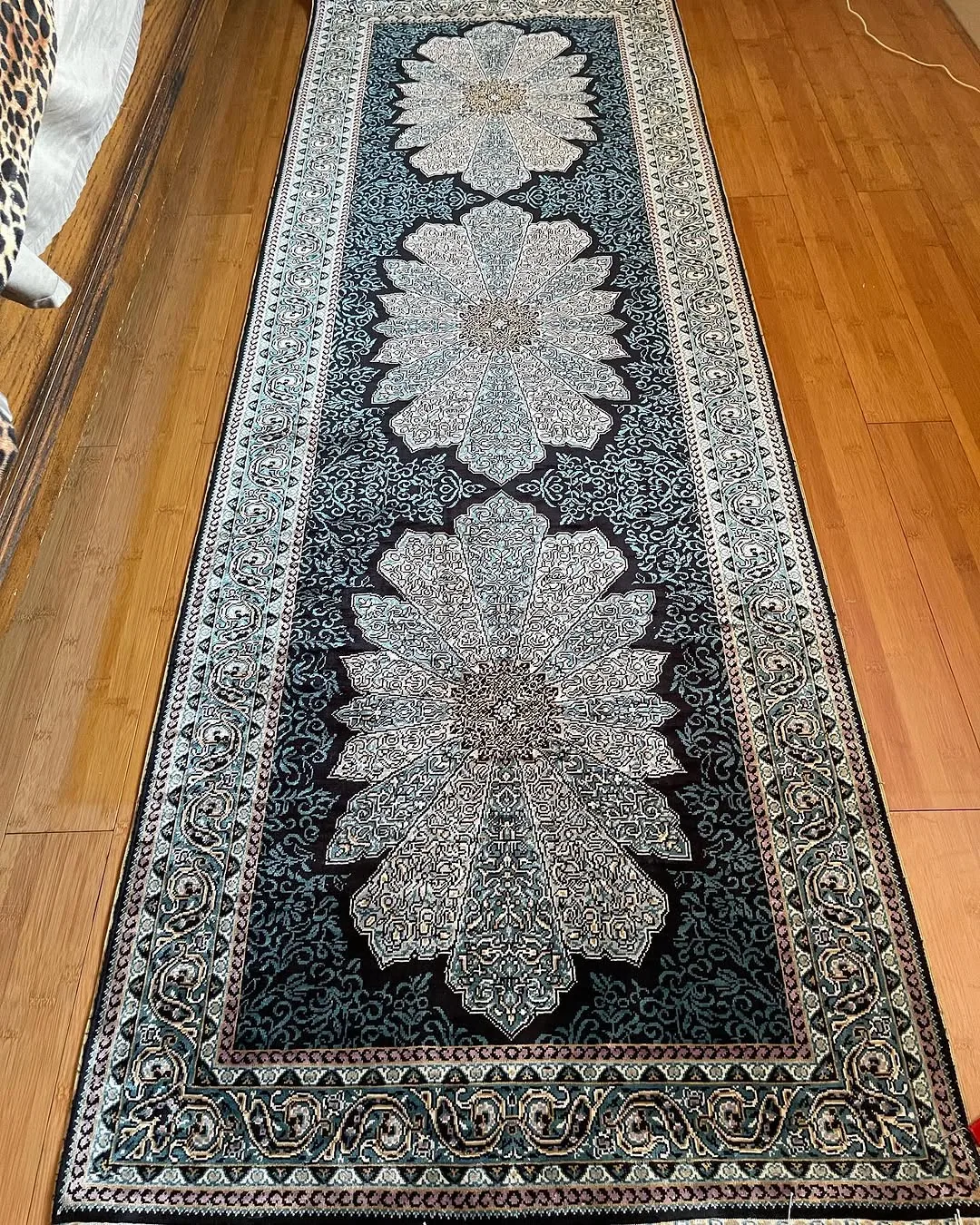 Teal Silk Medallion Runner &mdash; hand-knotted Oriental rug