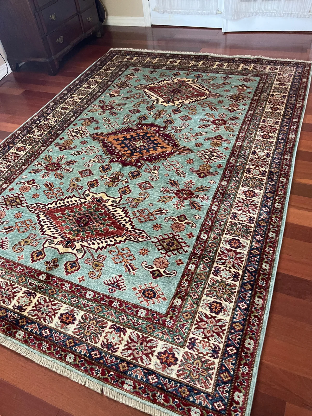 Teal Kazak Carpet &mdash; hand-knotted Oriental rug