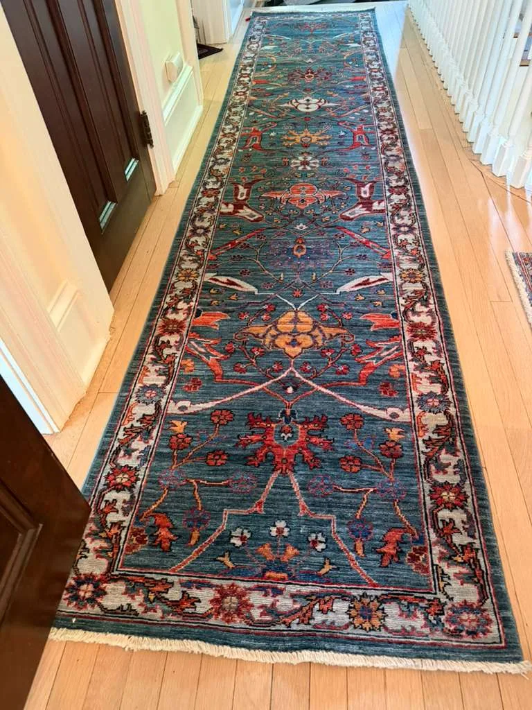 Teal Garden Runner &mdash; hand-knotted Oriental rug