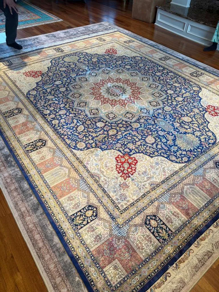 Indigo Star-Medallion Silk Carpet &mdash; hand-knotted Oriental rug